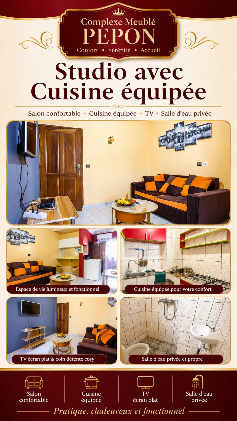 Studio meublé avec cuisine équipée au Complexe Meublé PEPON